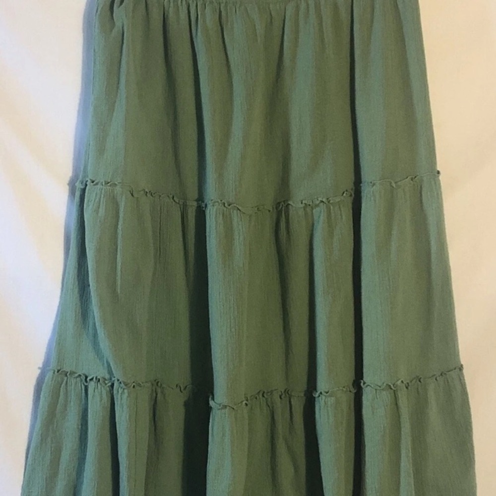 Vtg Two Twenty Womens L 30” Elastic Waist Long Green Cotton Skirt Boho Hippie